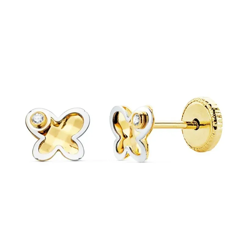 Pendientes oro bicolor 18k niña 5.5mm. mariposa fondo tallado detalle circonita cierre tornillo
