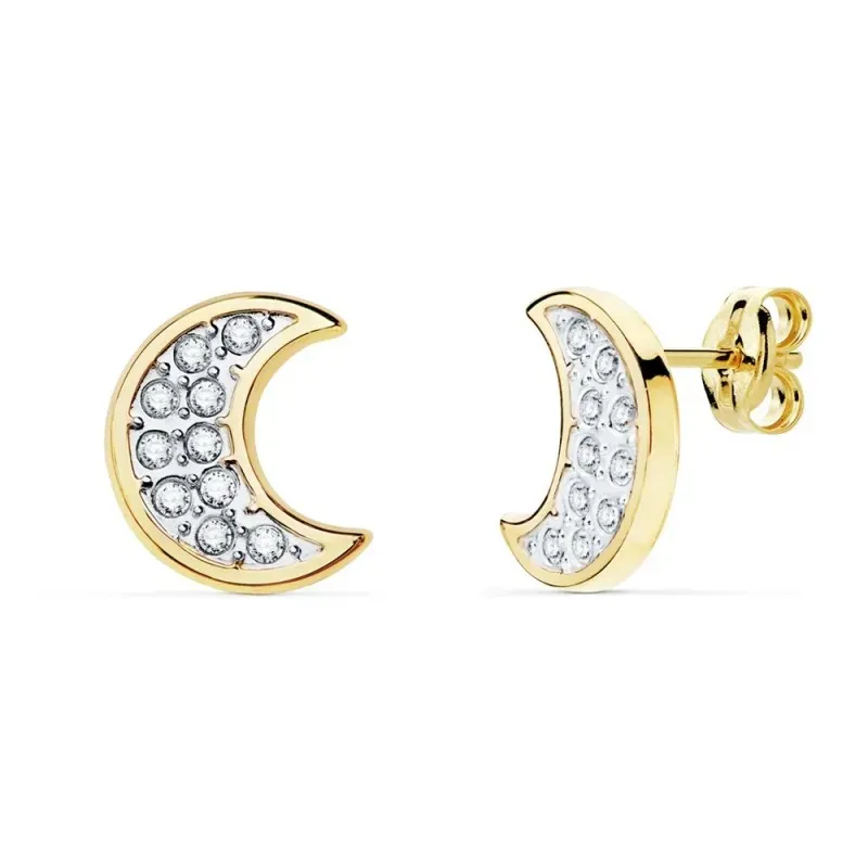 Pendientes oro bicolor 18k luna 11mm. fondo circonitas cerco liso cierre presión