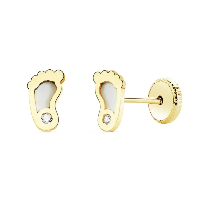Pendientes oro 18k niña 6mm. pies fondo nácar detalle circonita cierre tornillo