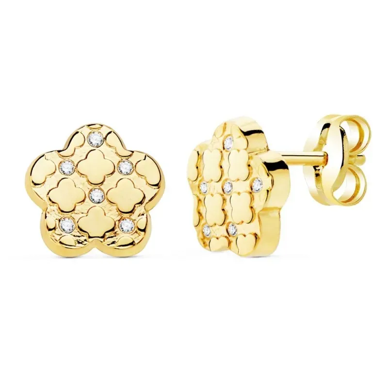 Pendientes oro 18k flor 7.5mm. detalle formas circonitas cierre presión