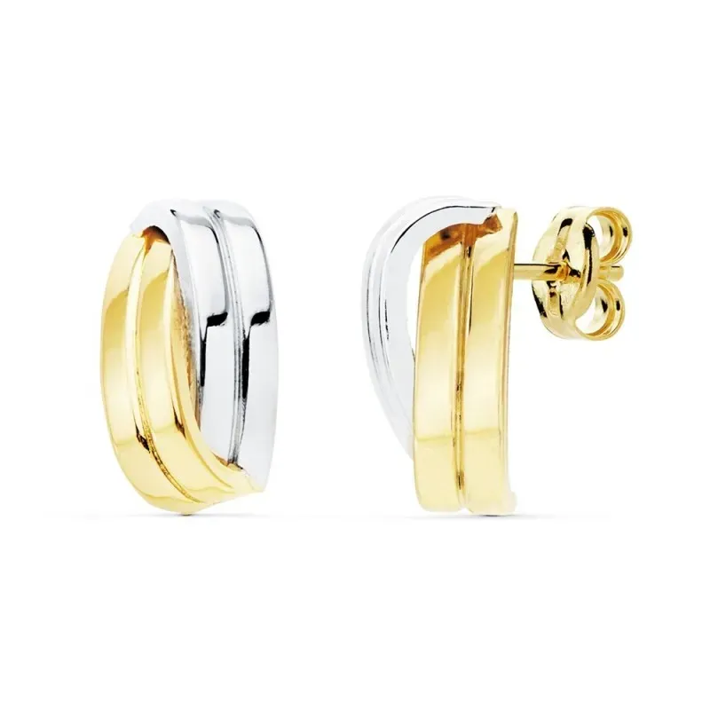 Pendientes oro bicolor 18k 13mm. bandas lisas cruzadas cierre presión
