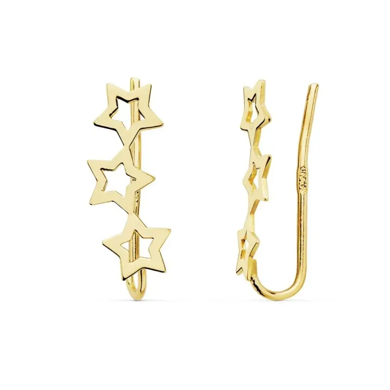 Pendientes trepador oro 18k 15mm. detalle tres estrellas caladas
