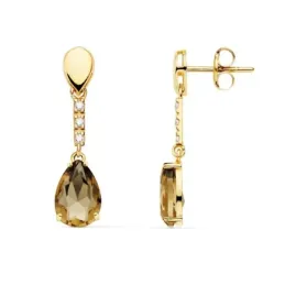 Pendientes oro 18k forma gota 28mm. piedra imitación fumé detalle circonitas cierre presión