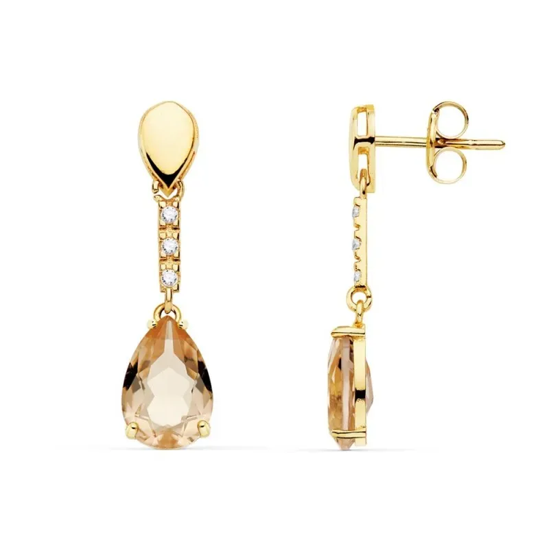 Pendientes oro 18k forma gota 28mm. piedra imitación kuncita detalle circonitas cierre presión