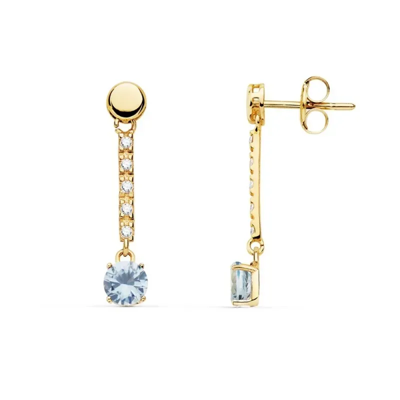 Pendientes oro 18k 25mm. piedra imitación aguamarina redonda detalle circonitas cierre presión