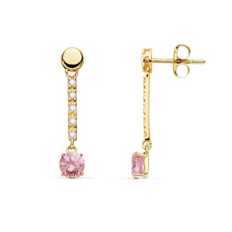Pendientes oro 18k 25mm. piedra color rosa redonda detalle circonitas cierre presión