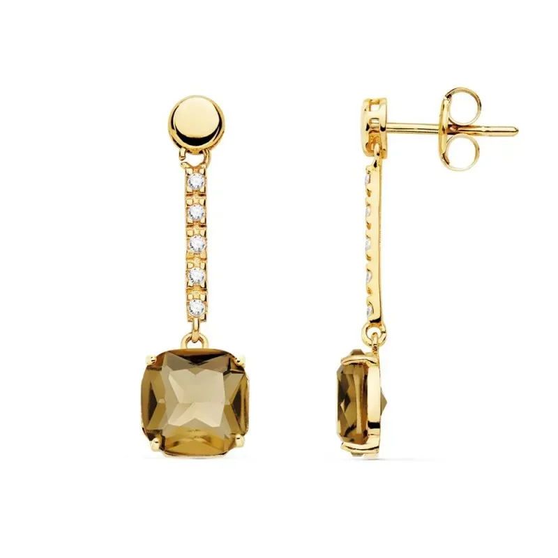Pendientes oro 18k 28mm. piedra imitación fumé cuadrada detalle circonitas cierre presión