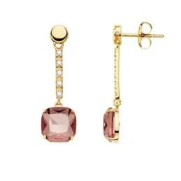 Pendientes oro 18k 28mm. piedra imitación kuncita cuadrada detalle circonitas cierre presión