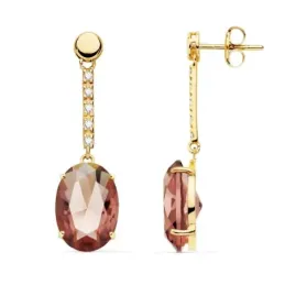 Pendientes oro 18k largos 35mm. piedra imitación alejandrita oval detalle circonitas cierre presión