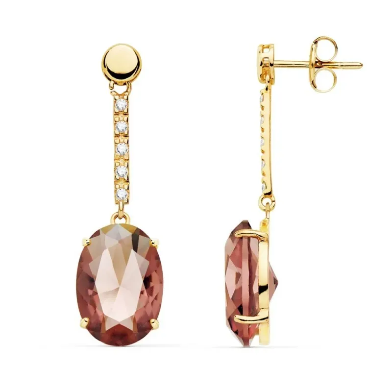 Pendientes oro 18k largos 35mm. piedra imitación alejandrita oval detalle circonitas cierre presión