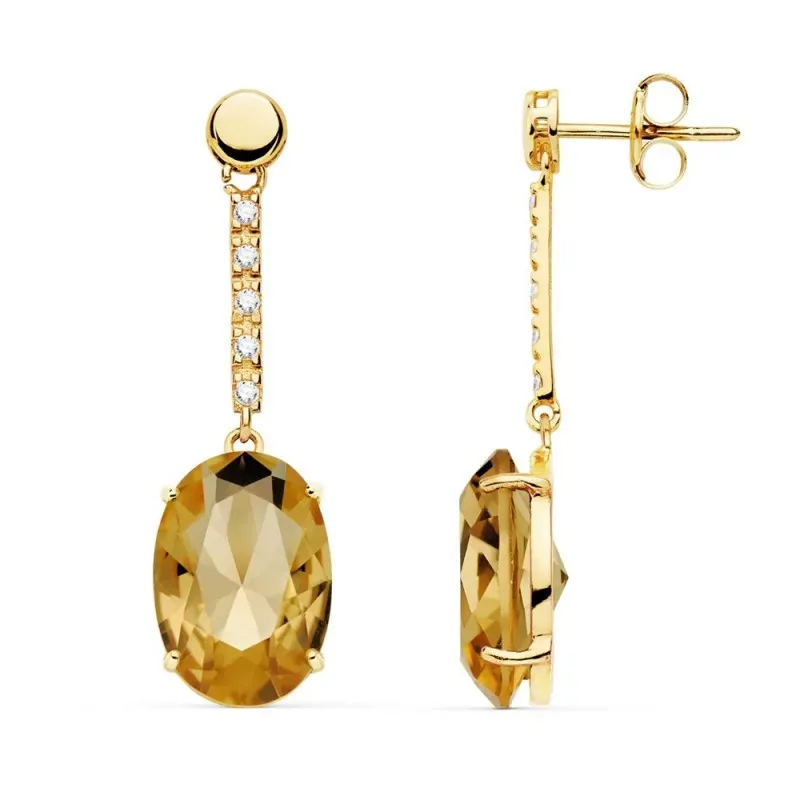 Pendientes oro 18k largos 35mm. piedra color champagne oval detalle circonitas cierre presión