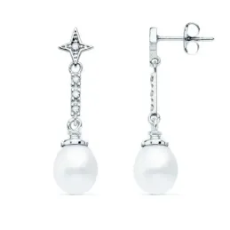 Pendientes oro blanco 18k largos 28mm. estrella circonitas perla colgando cierre presión