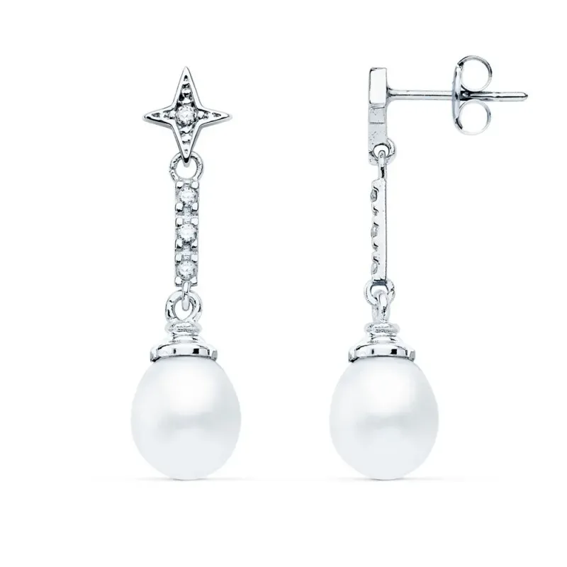 Pendientes oro blanco 18k largos 28mm. estrella circonitas perla colgando cierre presión