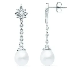 Pendientes oro blanco 18k largos 37mm. estrella circonitas perla colgando cierre presión