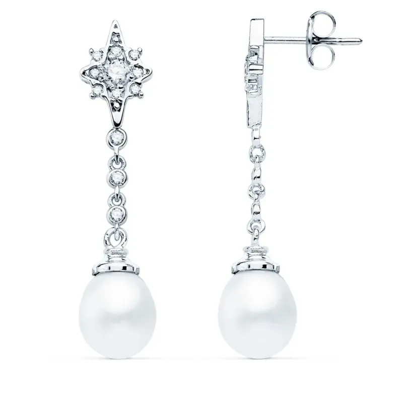 Pendientes oro blanco 18k largos 37mm. estrella circonitas perla colgando cierre presión