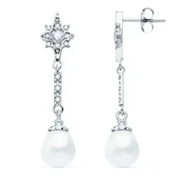 Pendientes oro blanco 18k largos 36mm. estrella barra circonitas perla colgando cierre presión