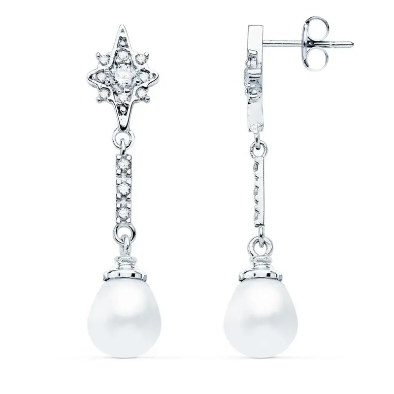 Pendientes oro blanco 18k largos 36mm. estrella barra circonitas perla colgando cierre presión
