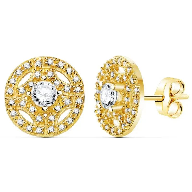 Pendientes oro 18k redondos 12mm. detalle circonitas cierre presión