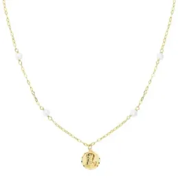 Gargantilla oro 18k cadena forzada 40cm alterna perlas 3.5mm colgante 8mm. Virgen Niña borde tallado