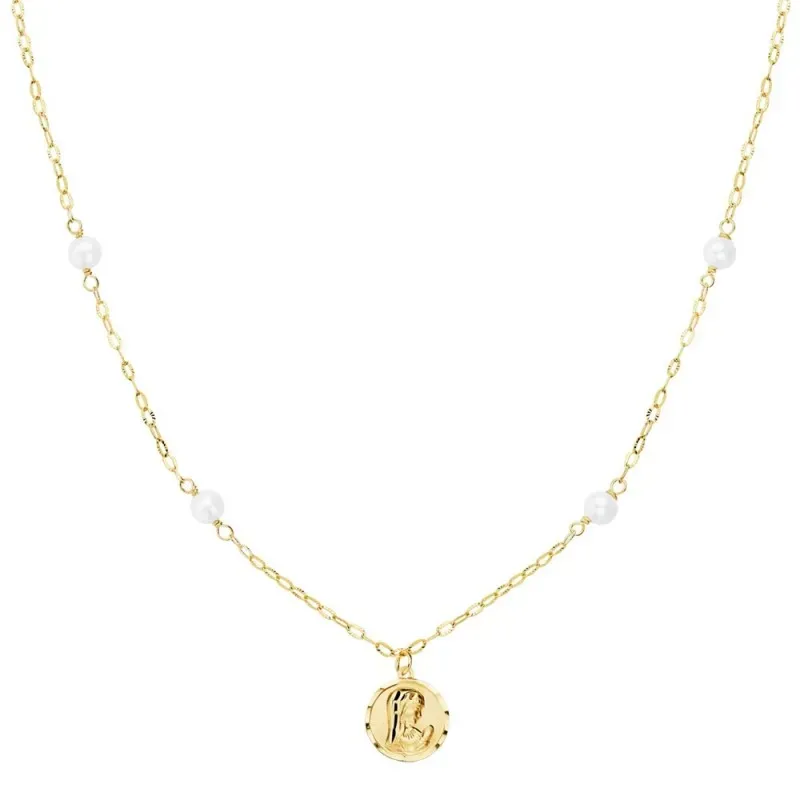 Gargantilla oro 18k cadena forzada 40cm alterna perlas 3.5mm colgante 8mm. Virgen Niña borde tallado