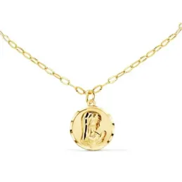 Gargantilla oro 18k cadena forzada 40cm alterna perlas 3.5mm colgante 8mm. Virgen Niña borde tallado