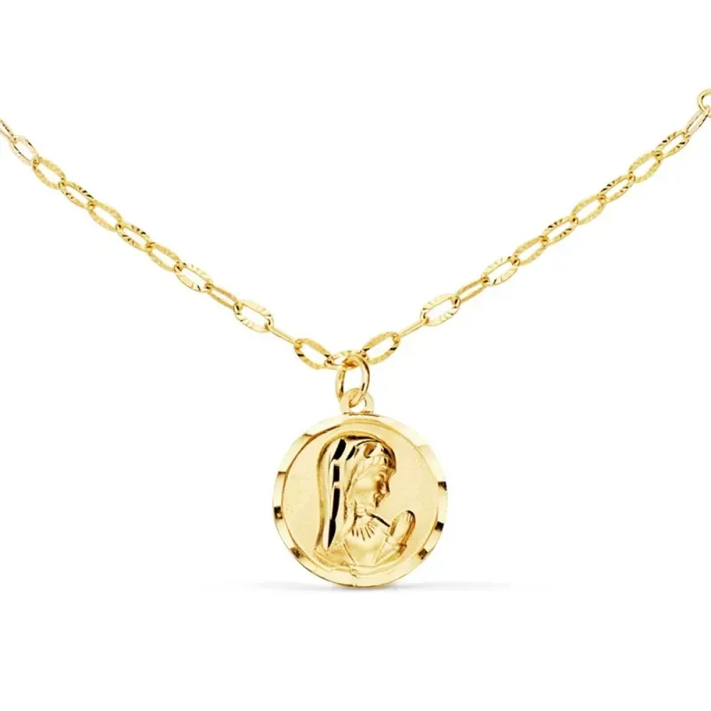 Gargantilla oro 18k cadena forzada 40cm alterna perlas 3.5mm colgante 8mm. Virgen Niña borde tallado