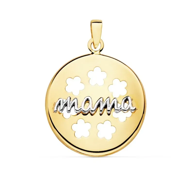 Colgante oro bicolor 18k redondo 18mm. palabra MAMÁ detalle flores caladas