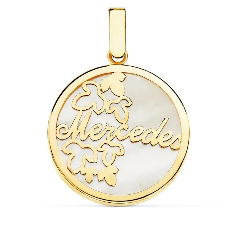 Colgante oro 18k redondo 20mm. personalizable nombre fondo nácar detalle hojas