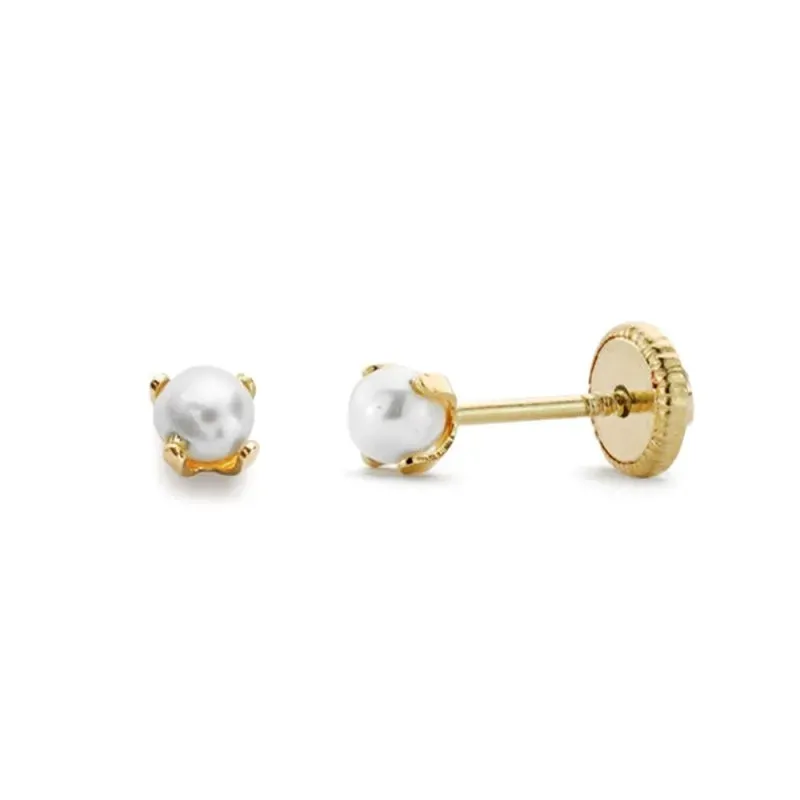 Pendientes oro 18k bebé 3mm. perla 4 patillas garras cierre tuerca