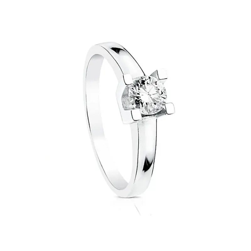 Solitario oro blanco 18k liso centro diamante 0.300ct. brillante garras