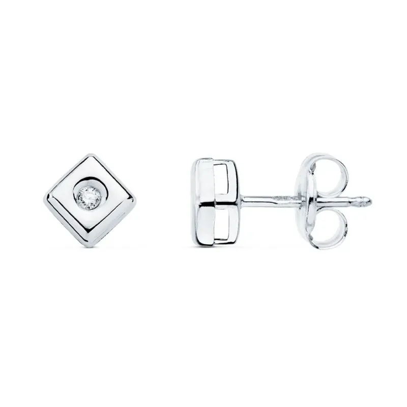 Pendientes oro blanco 18k chatón rombo cuadrado 4.5mm. diamantes 0.030ct. brillantes cierre presión