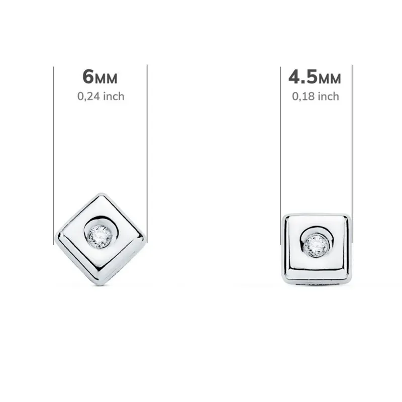 Pendientes oro blanco 18k chatón rombo cuadrado 4.5mm. diamantes 0.030ct. brillantes cierre presión