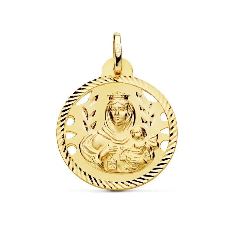 Medalla oro 18k Virgen del Carmen 24mm. detalles calados cerco hélice tallado