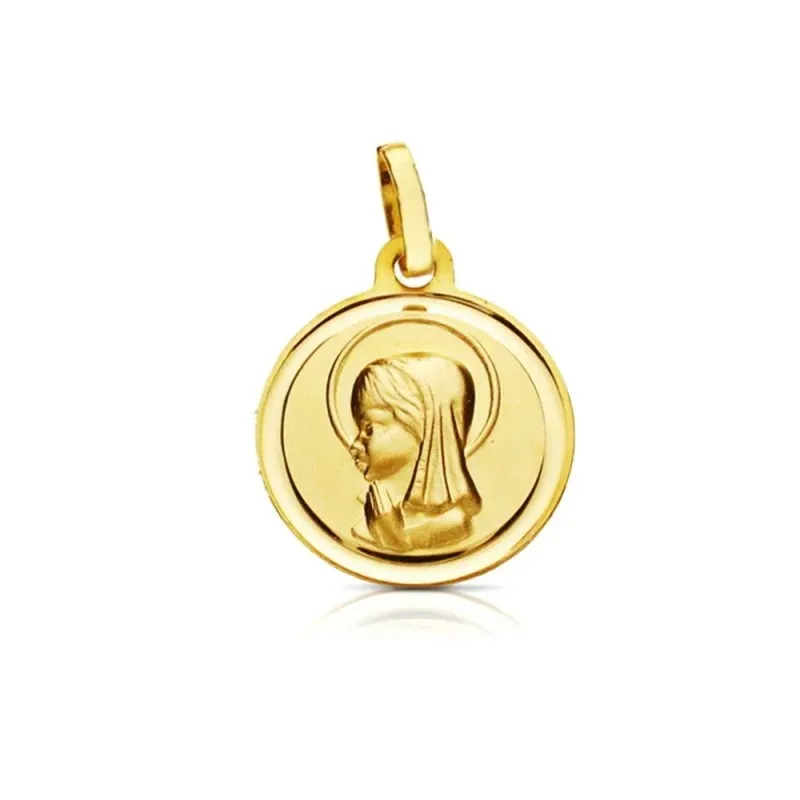 Medalla oro 18k Virgen Niña 14mm. relieve lisa bisel