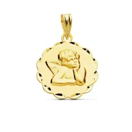 Medalla oro 18k Angelito Burlón Querubín 17mm. relieve detalle cerco arcos tallados
