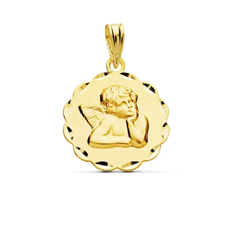 Medalla oro 18k Angelito Burlón Querubín 17mm. relieve detalle cerco arcos tallados