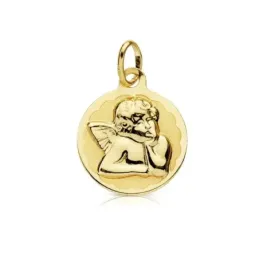 Medalla oro 18k Ángel Burlón Querubín 14mm. relieve brillo base matizada