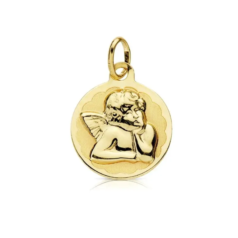Medalla oro 18k Ángel Burlón Querubín 14mm. relieve brillo base matizada