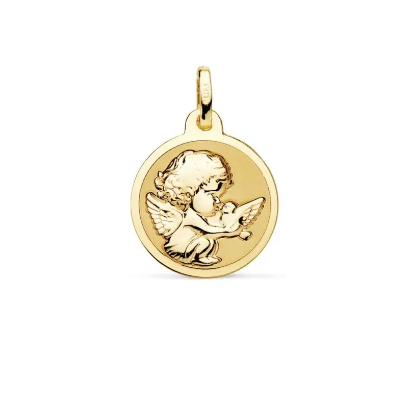 Medalla oro 18k Angelito paloma 16mm. relieve acabado mate brillo