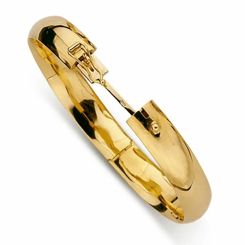 Pulsera oro 18k aro media caña brazalete ancho 10mm. lisa o labrada cierre seguridad y varilla