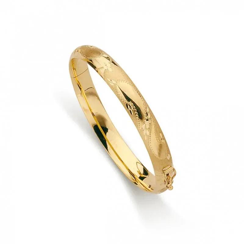 Pulsera oro 18k aro media caña brazalete ancho 8mm. lisa o labrada cierre seguridad y varilla