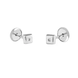 Pendientes oro blanco 18k bebé 4mm. cuadrado centro diamantes brillan