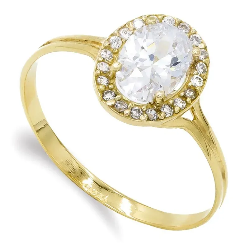 Sortija oro 18k mujer centro piedra oval cerco circonitas cuerpo liso