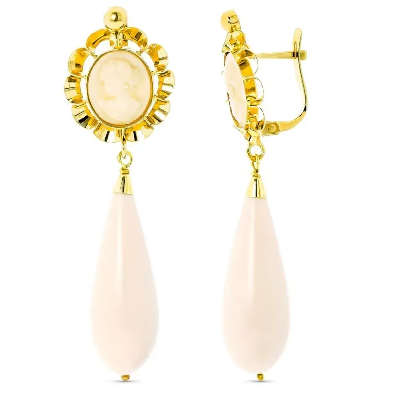 Pendientes oro 18k largos mujer camafeo arquillo colgante lágrima cie