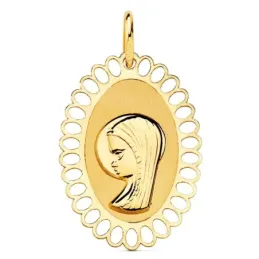 Medalla oro 18k Virgen Niña 21mm. lisa ovalada detalle cerco calado