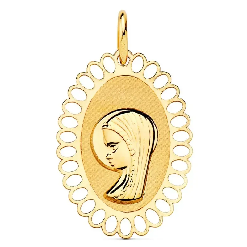 Medalla oro 18k Virgen Niña 21mm. lisa ovalada detalle cerco calado