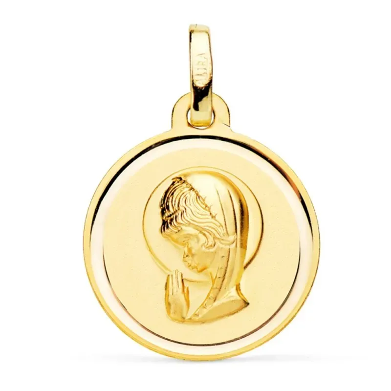 Medalla oro 18k Virgen Niña 16mm. relieve lisa detalle cerco redonda