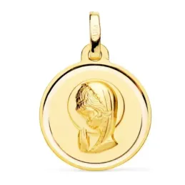 Medalla oro 18k Virgen Niña 16mm. relieve lisa detalle cerco redonda