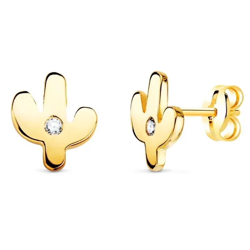 Pendientes oro 18k niña o adulto mini cactus 6mm. detalle circonita c