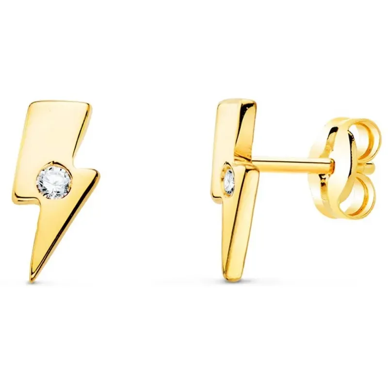 Pendientes oro 18k niña o adulto mini rayo 6mm. detalle circonita cie
